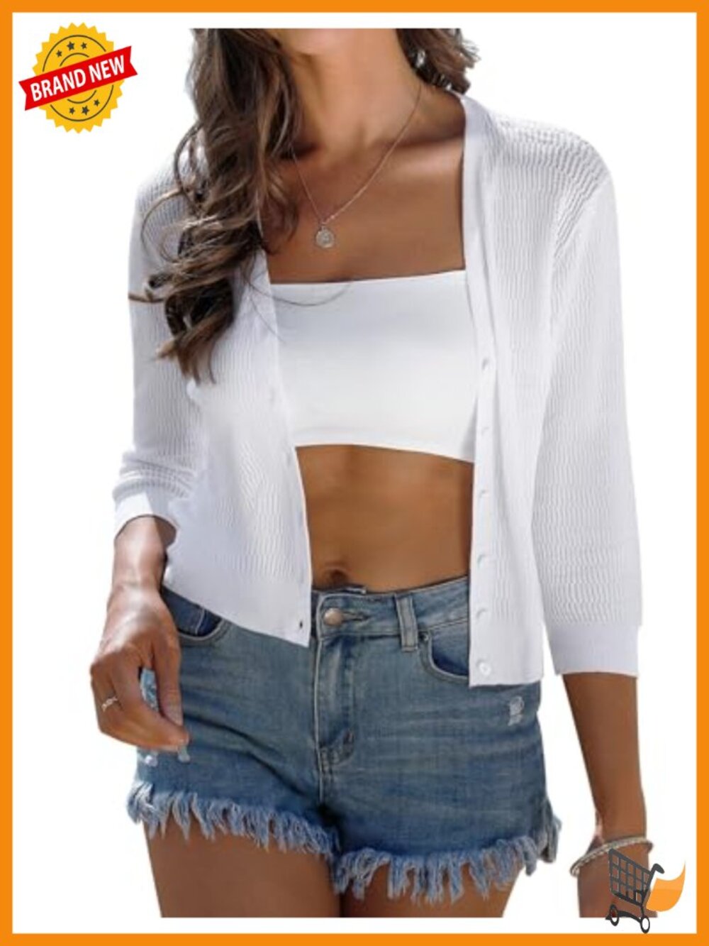 3/4 Sleeve Cropped Cardigan - V Neck Button Down Knit Shrug